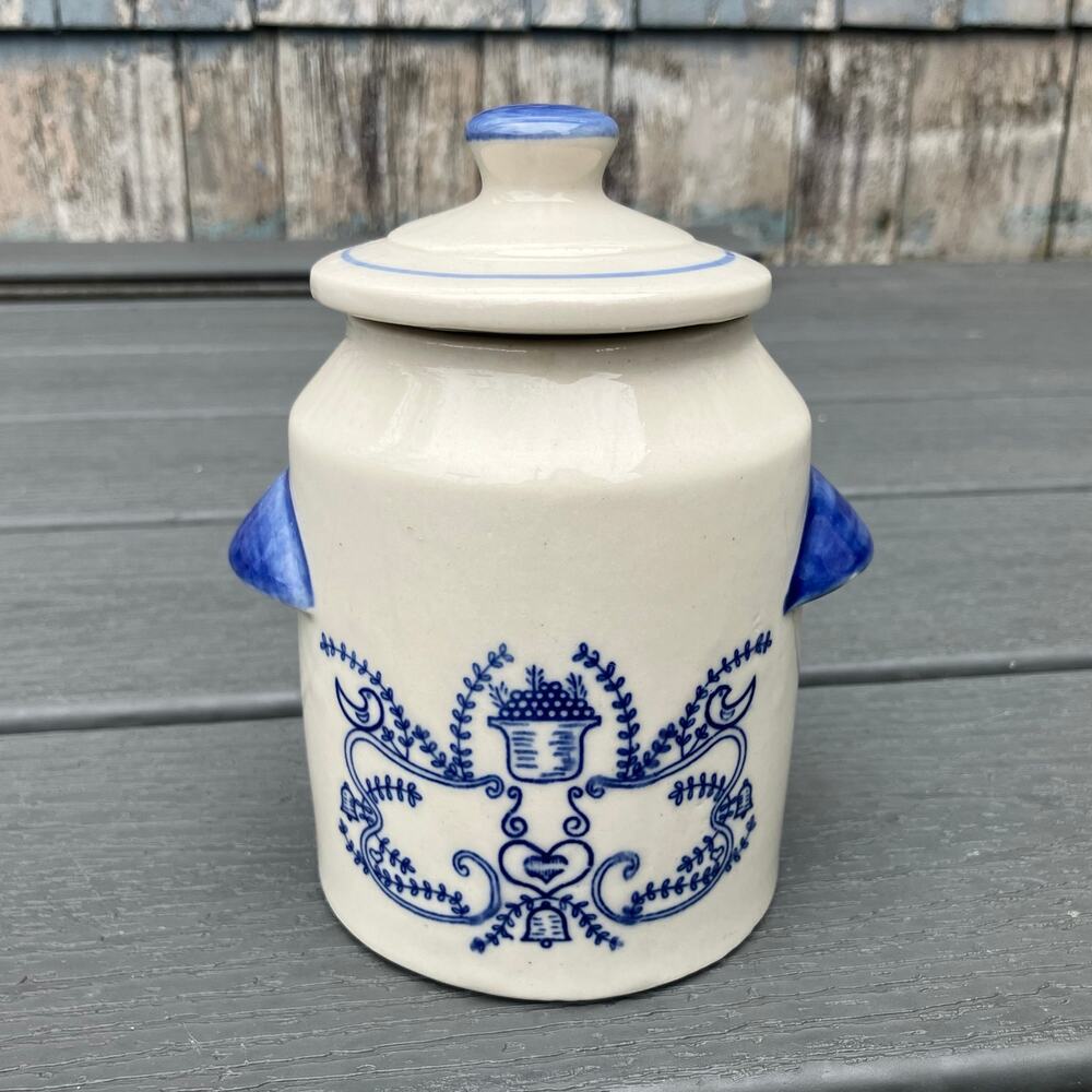 Vintage white and blue ceramic canister storage jar, country cottagecore